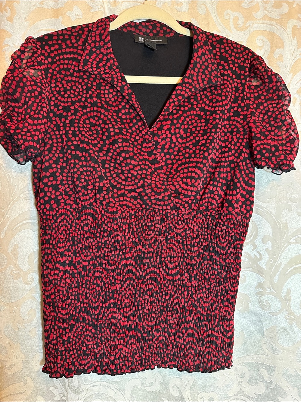 INC International Concepts Black Top with Red Dot Swirl Print